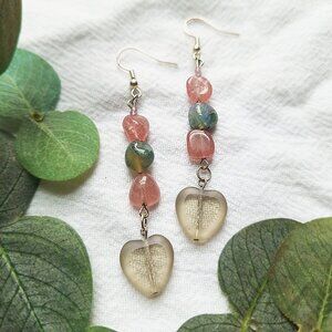 Boho Heart Crystal Earrings, Quartz & Agate Stone Earrings, Soft Grunge Earrings